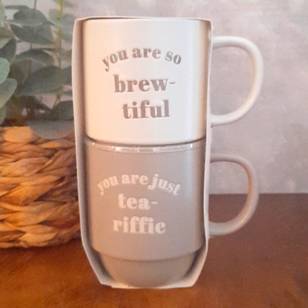 BREWTIFUL Set of Two Beige and Gray Mugs with Fun Quotes NWT